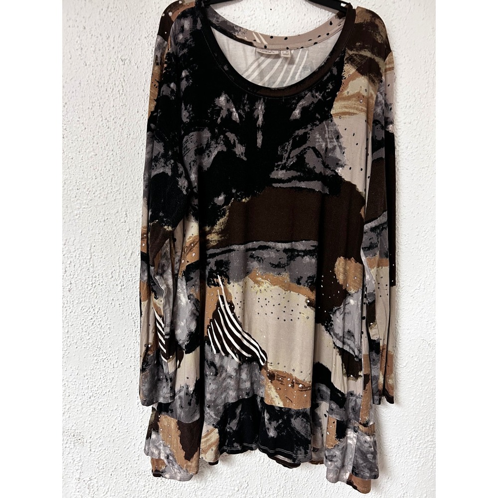 LOGO Lori Goldstein Abstract Print Long Sleeve Tunic Top Brown Tan 1X
